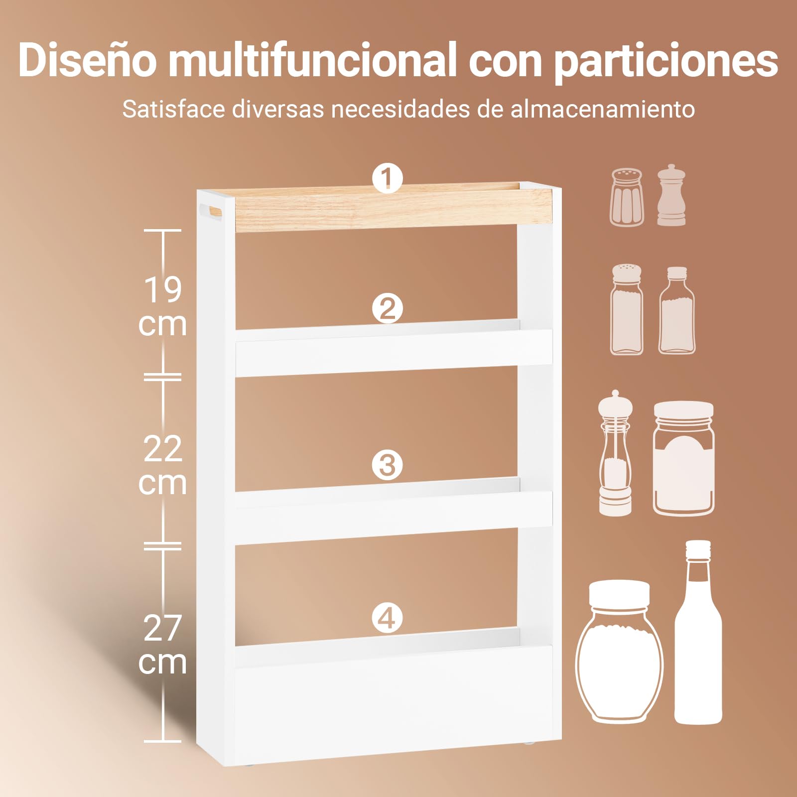 SoBuy Carrito Auxiliar con Ruedas 15cm, 3 Niveles, 80x50x15cm, Cocina/baño | Carrito de Cocina Estrecho con barras de madera anticaída, asa & 3 niveles, fácil de mover, para espacios estrechos, NSR12-W