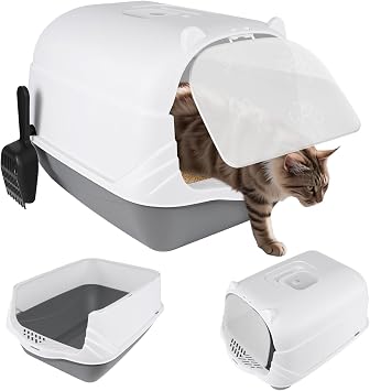 Large Cat Litter Tray Toilet Box Covered, Litter Tray Hooded Dark Grey Toilet with Lid, Charcoal Filter Extra Deep Anti-Spillage Easy to Clean Kittens Cats Detachable Enclosed Box Pan