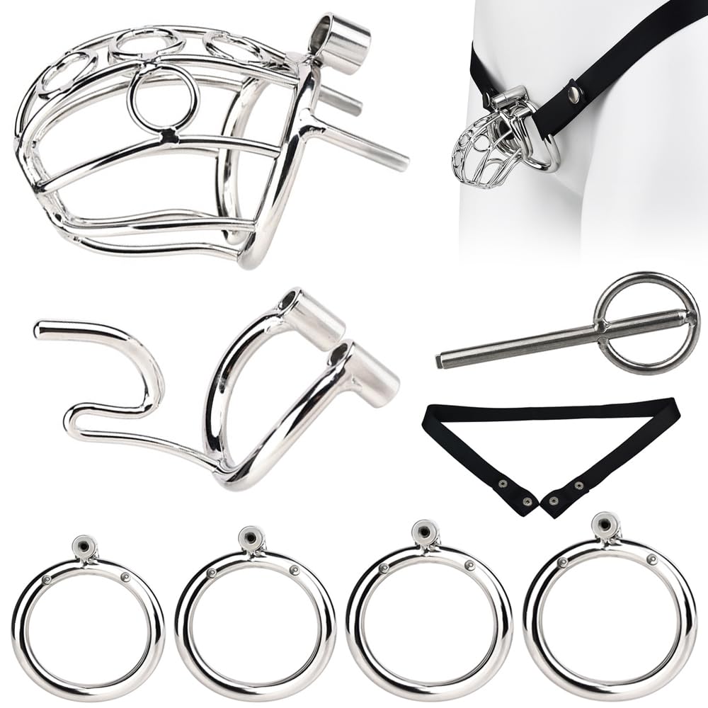 Male PA Chastity Cage Set with 4 Rings & Integrated Pa & Auxiliary Belt, SM BDSM Glans Piercing Chastity Device Adult Sex Toys & Games for Professional Men Penis Bondage Abstinence Exercise