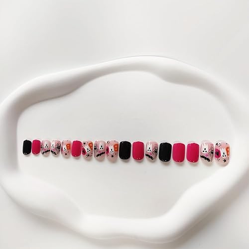 Miniatura 6 de Uñas postizas cortas a presión de Halloween, uñas postizas cuadradas con diseños de fantasma, araña, murciélago, uñas acrílicas negras, uñas con