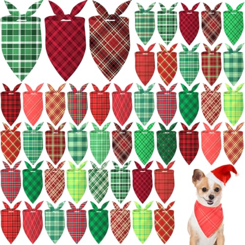 Image of Abbylike 50 Pcs Christmas Plaid Dog Bandanas Bulk, Red and Green Gingham