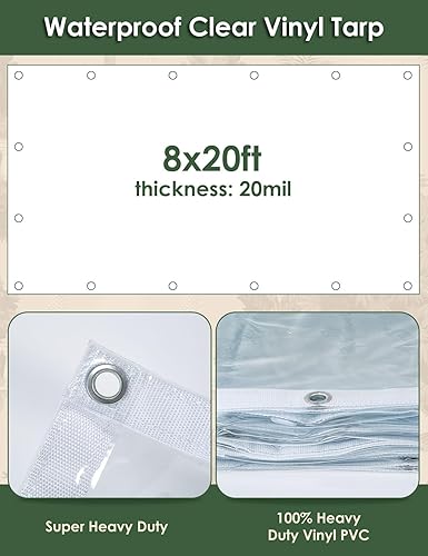 Miniatura 3 de Lonas de PVC transparentes resistentes de 20 mil, de 8 x 20 pies, impermeable, a prueba de viento, lona de vinilo transparente para patio, pérgola,