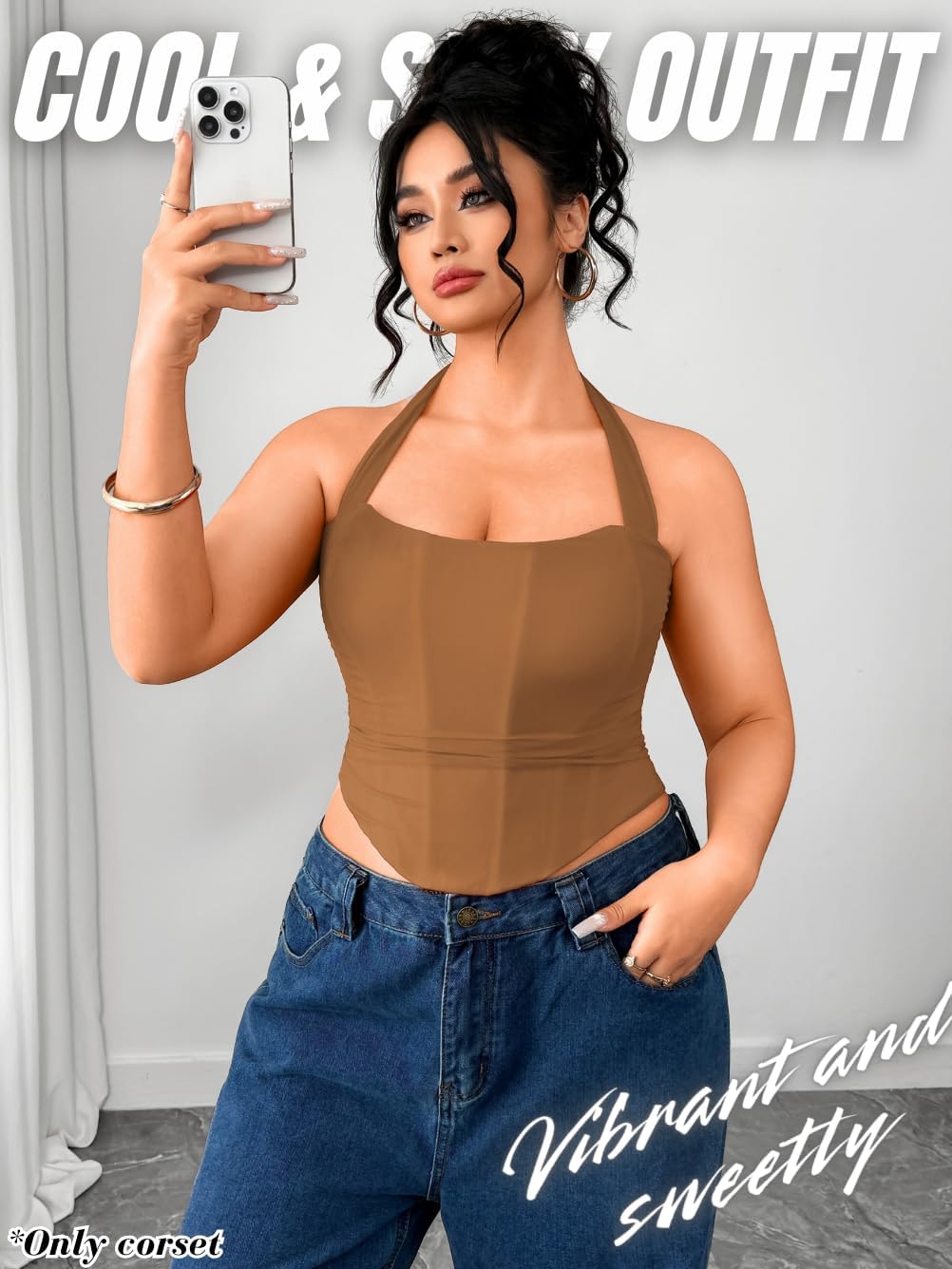 Women's Plus Size Sexy Halter Boned Corset, Square Neck Mesh Lace Up Crop Top, Club Going Out Outfits (14W-22W) - Image 4