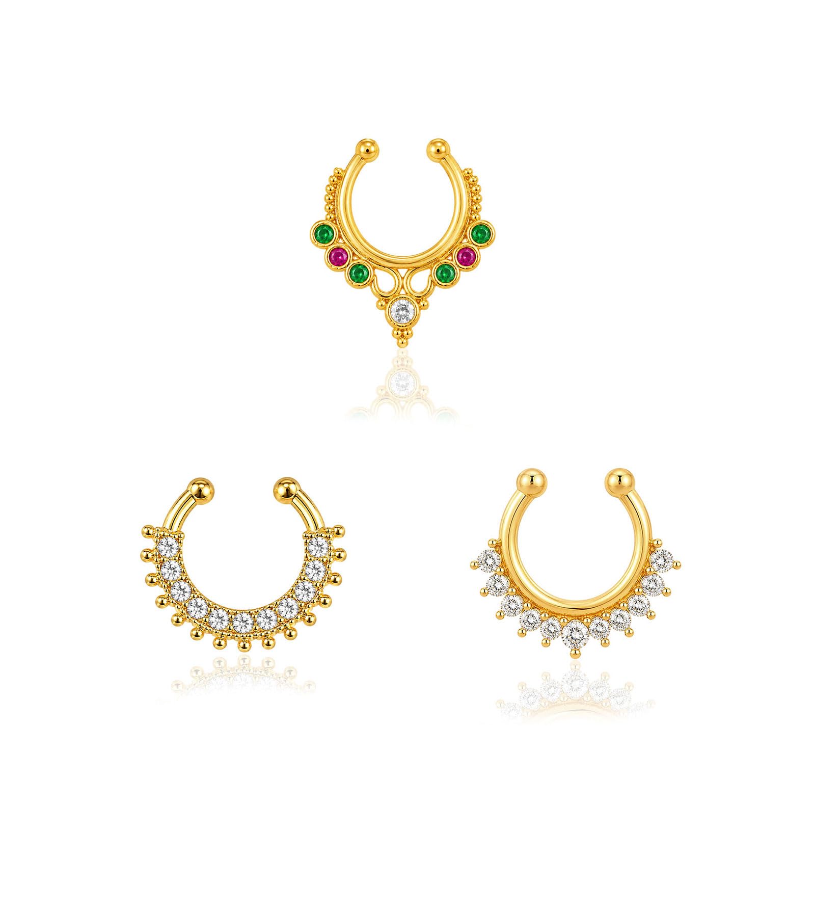 vama FASHIONS 3 Pcs 18K Gold Plated Anti Tarnish AD Stone Septum Middle Nose Ring Non Piercing Pressing Clip On Nosering Horsehole Shape Fake Hoop Nosepin Combo Set for Women & Girls-picture-37