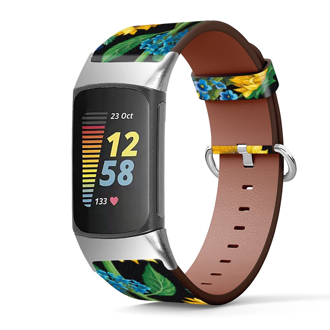 Mingdao Compatible with Fitbit Charge 5, Patterned Leather Replacement Band, (Sunflower Floral Pattern-Wb01)