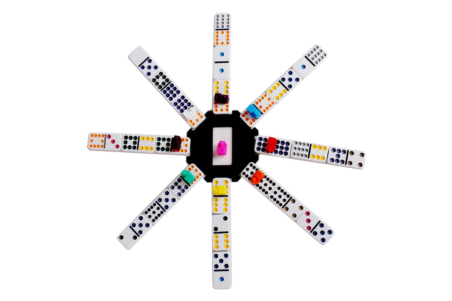 Jeu Dominos du Train Mexicain Double 12, 91 Dominos dans Boîte en Tissu avec 9 Trains, Livret d'Instructions, Blocs Score et Moyeu Octogone