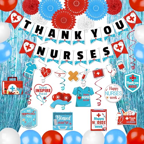 Nurses Week 2026 Decorations Set: Thank You/ Happy Nurse Paper Banner Appreciation Hanging Swirls Blue Red White Pom Pom Paper Fans Balloons Tinsel Curtain RN Graduation Party Decor Supplies