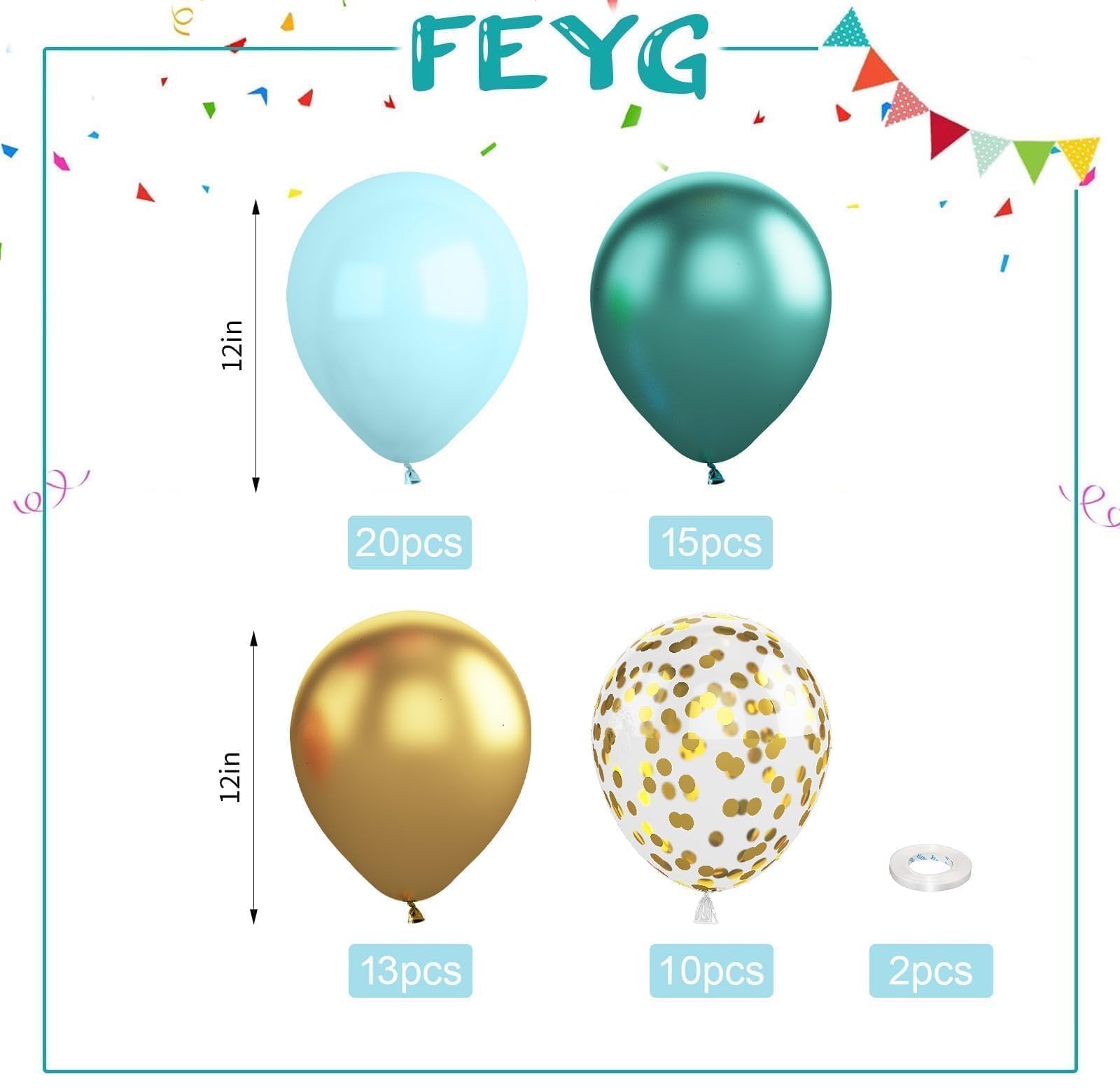 Teal Balloons,60 Pcs 12 Inches Metallic Green and Gold Blue Balloons with Confetti Balloons for Birthday Baby Shower, Jungle Theme Party Balloons,Wedding Decorations Supplies