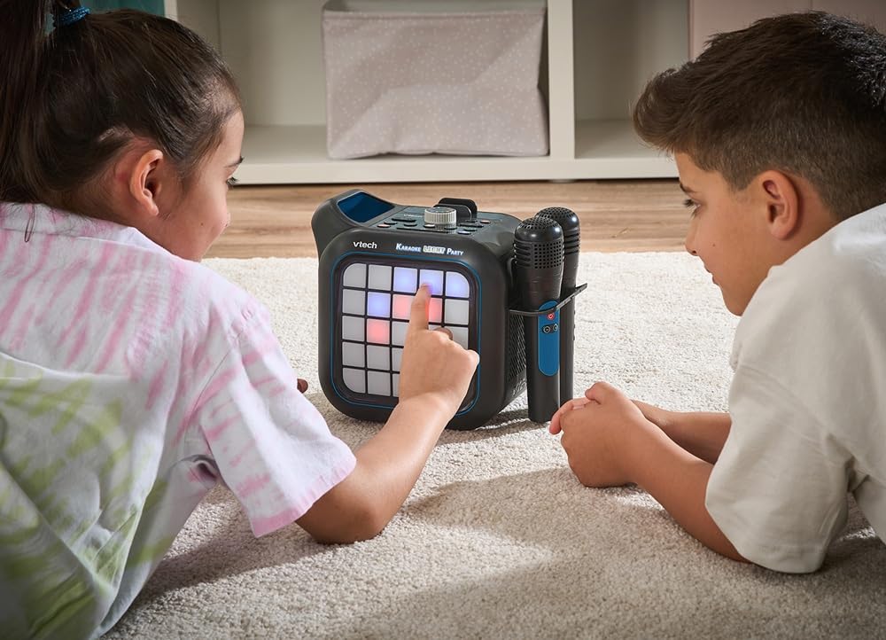 VTech - Karaoke Light Party Duo Disco Edition, Altavoz Potente, Karaoke Portátil con Bluetooth, 40W, Incluye 2 micrófonos inalámbricos, función Quitar Voz, Panel táctil, asa integrada, Versión ESP