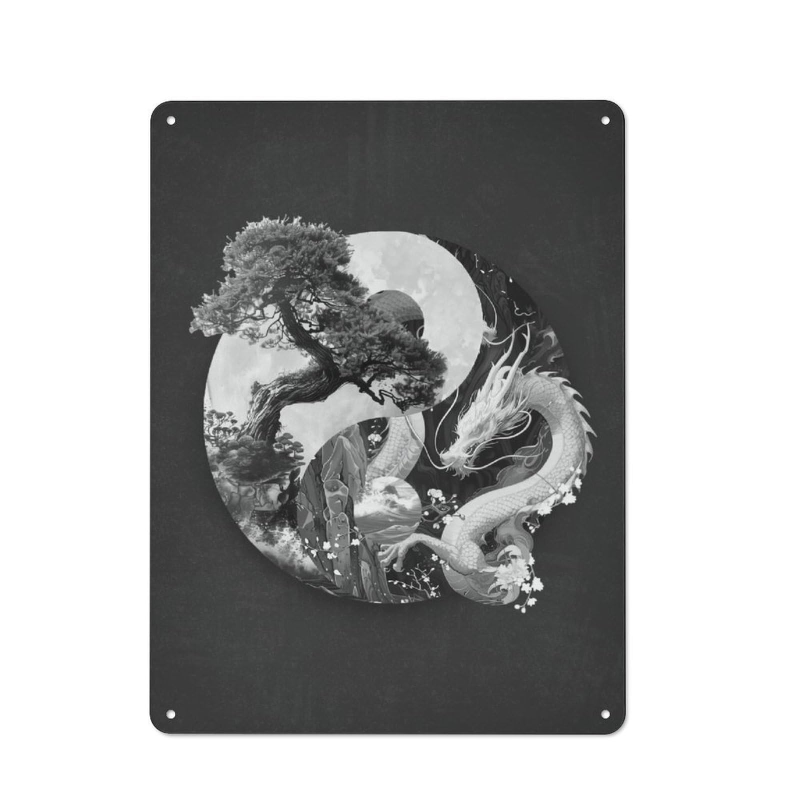 Vintage Tin Sign 40x30cm with Yin Yang Bonsai Dragon for Garage Wall, Suited to People Furnishing A Garage