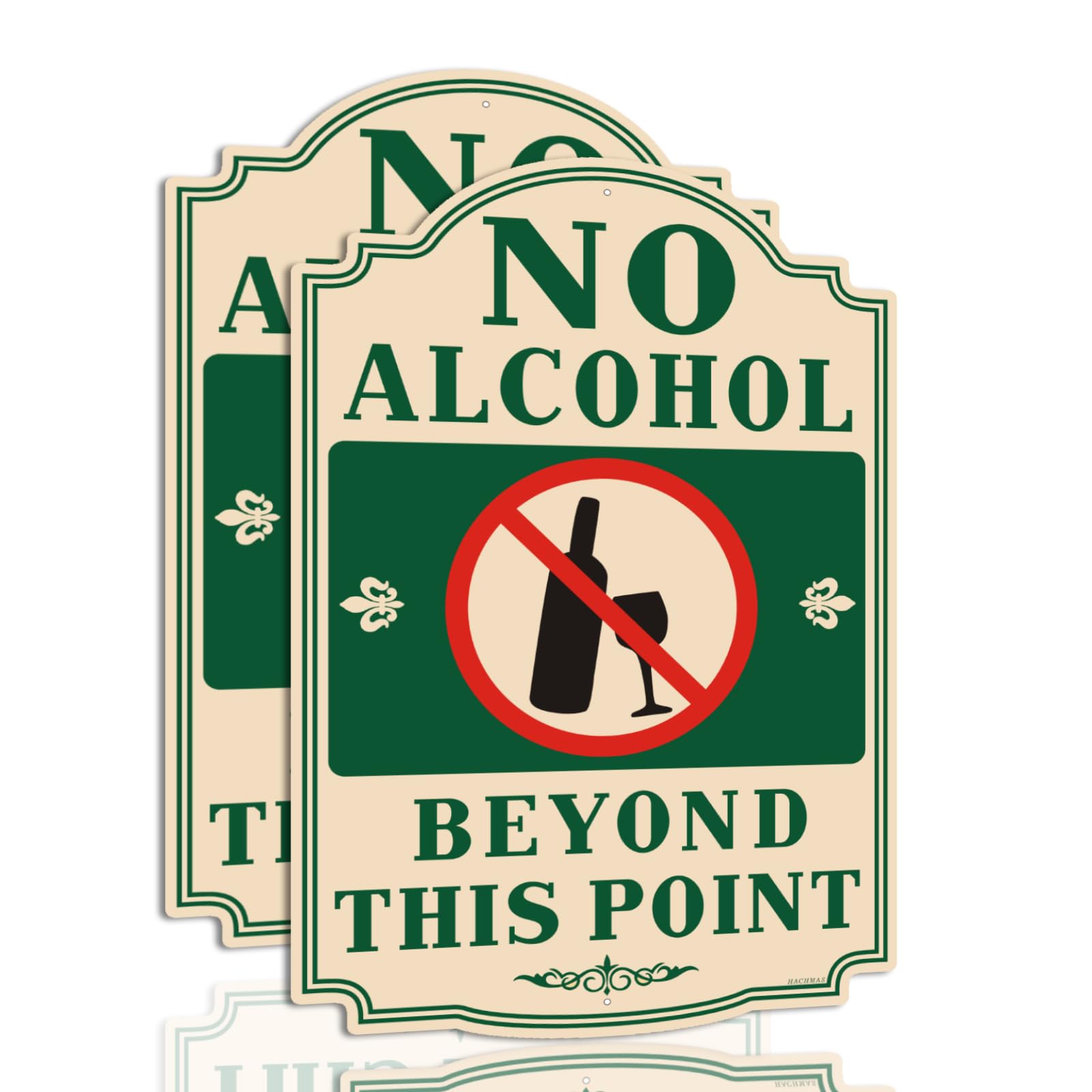 No Alcohol Sign 2-Pack – 12 x 8" Black Gold Metal Signs – No Alcohol Beyond This Point with Bottle and Glass Icon – Reflective Rust-Free (Beige/Green)