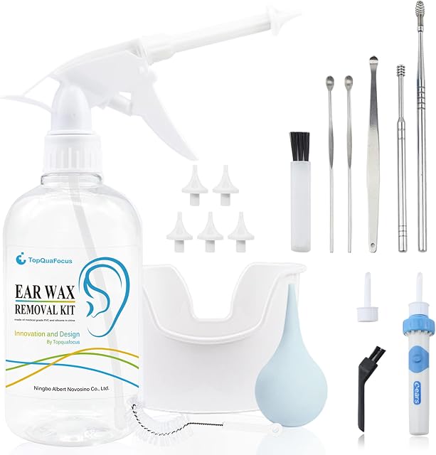 TopQuaFocus Earwax Removal Kit, Electric Earwax Cleaner Earwax Remover Irrigation Tool, 16.9oz Ear Washer Bottle 6pcs Ear Pick for Adults & Kids Cleaning(Clear)
