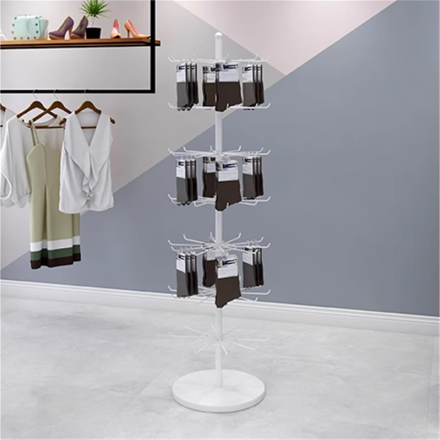 Rotating Retail Display Stand with Hook, Metal, Round Sock Display Rack, Commercial Clothing Store Shelf, for Handbags, Wreaths, Hats, Scarves, Jewelry & Crafts, 7 Layers(White)