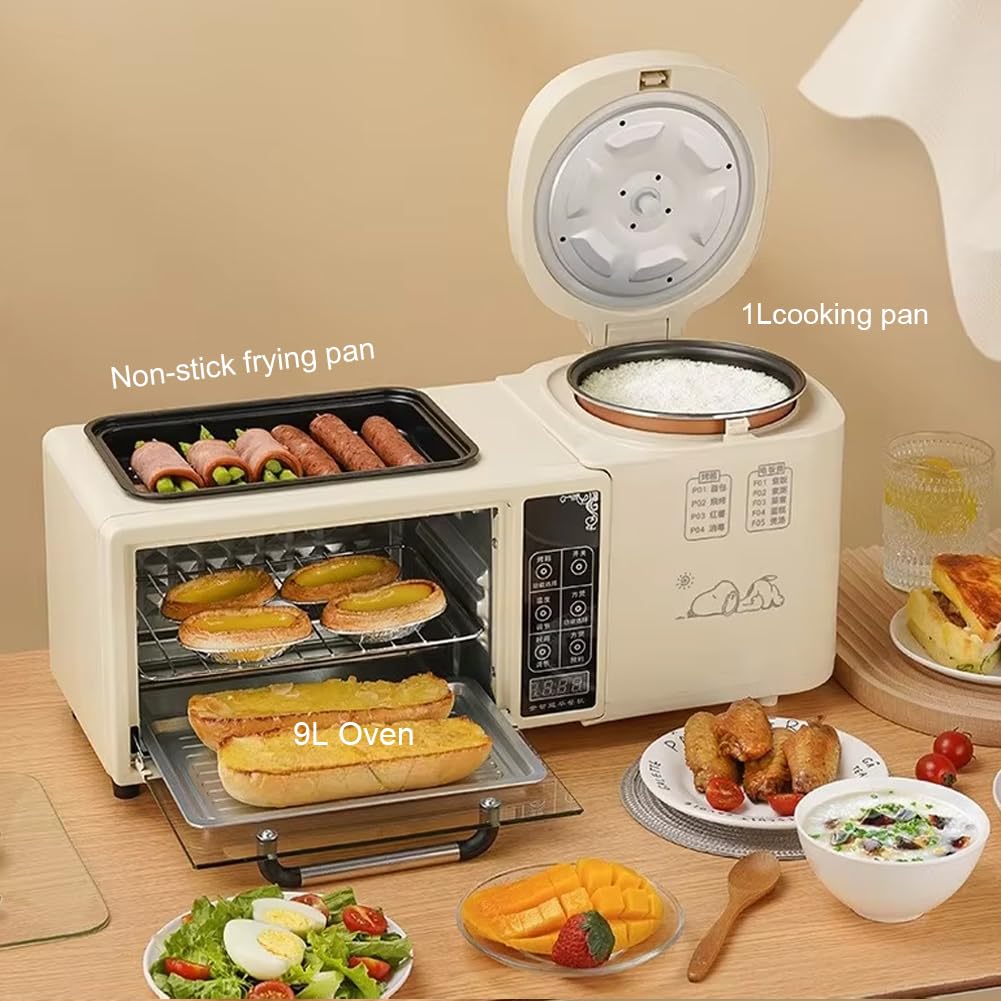 Machine à Petit-déjeuner, Station De Petit-déjeuner 4 en 1, Four 8 L à 2 Couches Plus Cuiseur Vapeur électrique 1 L Plus Poêle électrique, Contrôle Indépendant De La Température Et écran Tactile