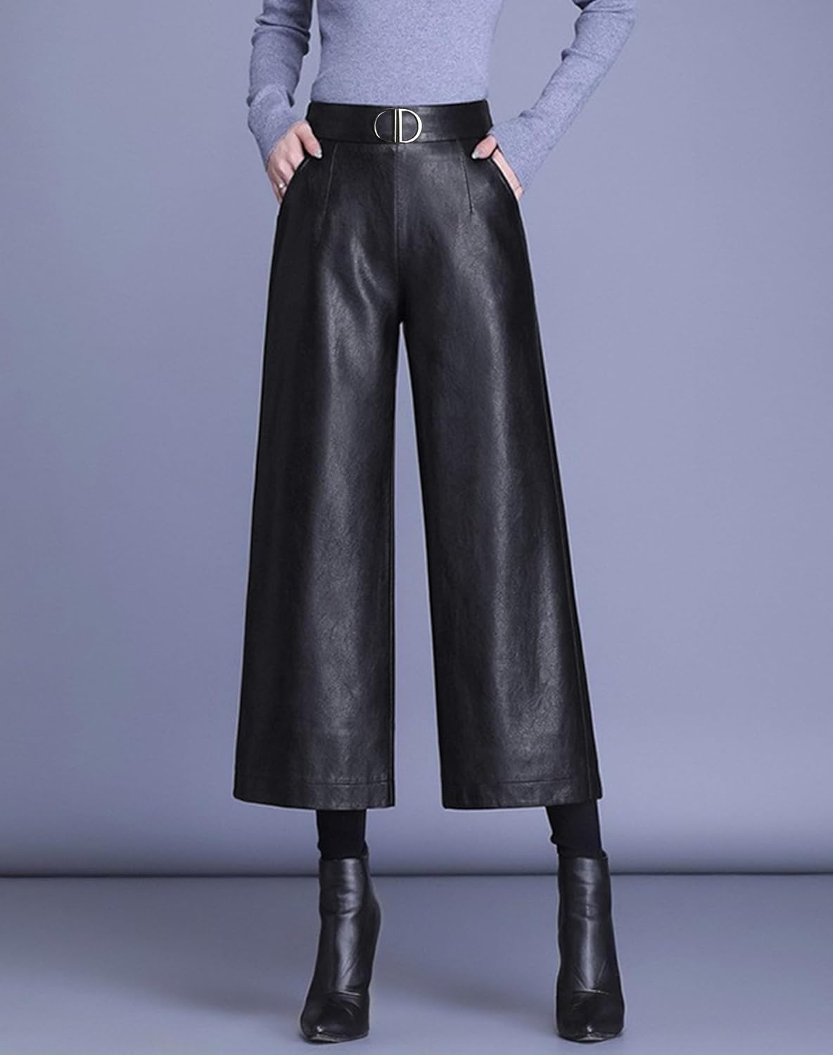 HaoMay Women's High Waist Wide Leg PU Faux Leather Cropped Pants Culottes - Image 4