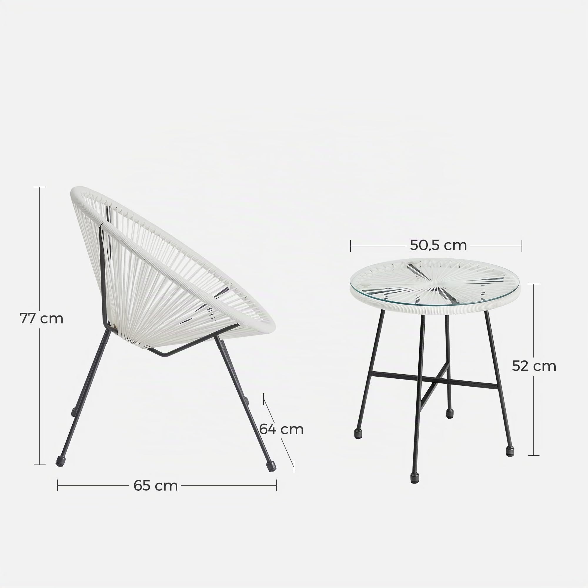 SONGMICS Mobili da Giardino Set 3 Pezzi, Sedia Acapulco | Poltrona da Esterno, Tavolino con Piano in Vetro e 2 Sedie, Bianco e Nero, Collezione FELIKS GGF013W02