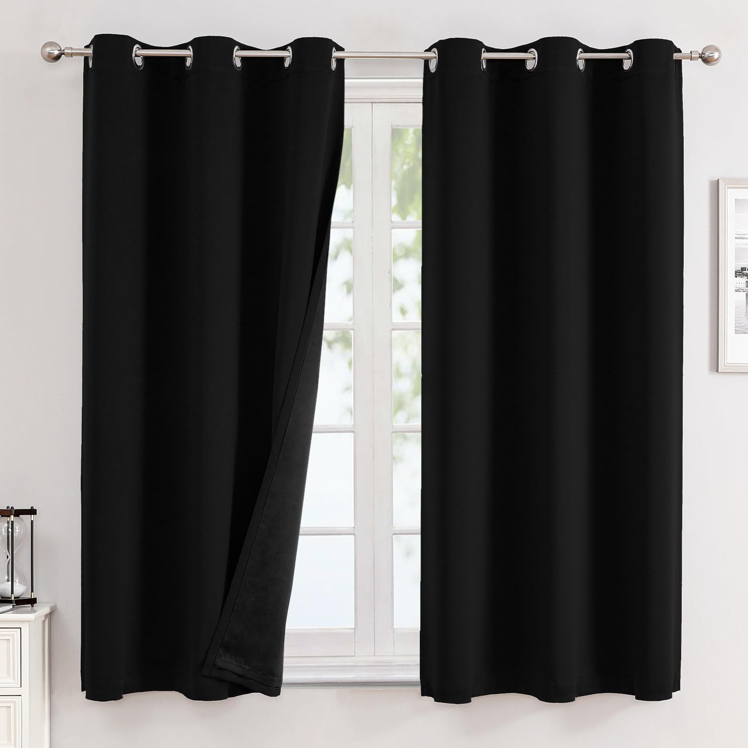 ChrisDowa 100% Blackout Curtains for Bedroom with Black Liner, 2 Thick Layers Total Blackout Thermal Insulated Grommet Small Window Curtains 2 Panels