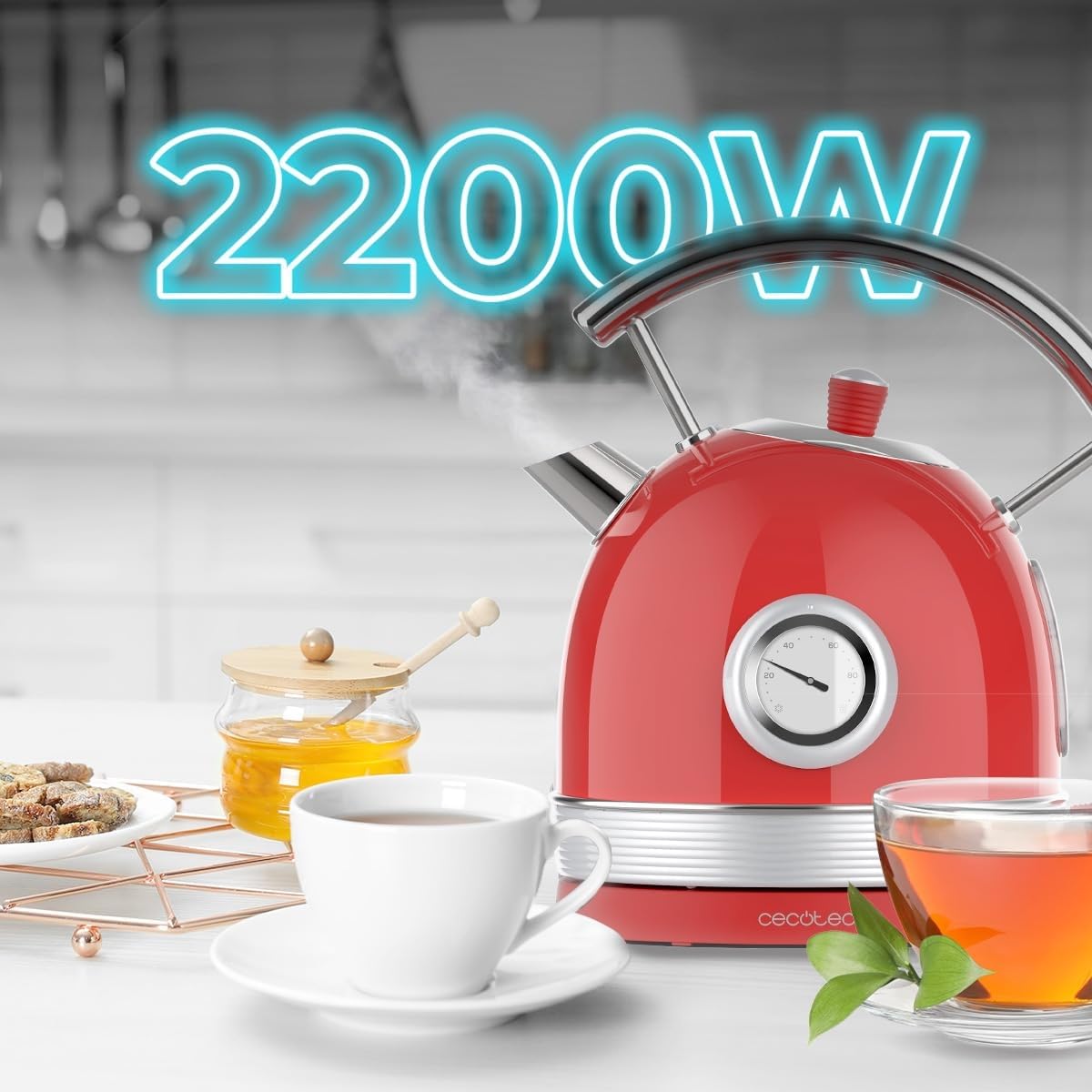 Cecotec Bollitore elettrico da 1,8 litri Thermosense 420 Vintage Light Red. 2200 W, 8 tazze da tè di capacità, misuratore di temperatura, stile vintage, base girevole a 360°, acciaio inox rosso