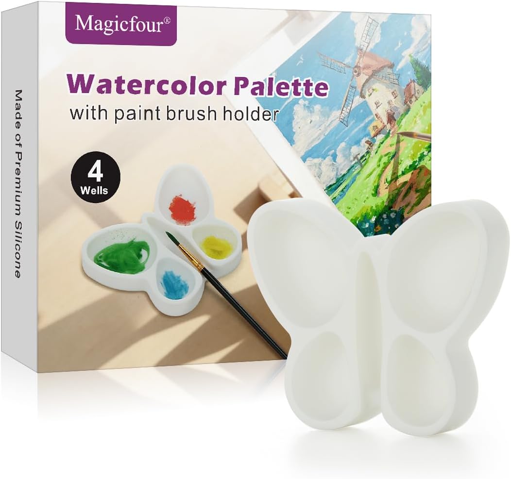 Magicfour Silicone Paint Palette, 4 Well Watercolor Mixing Tray with Paint Brush Rest for Watercolor Oil Acrylic Painting Brush, Artist Brush Holder Caddy Solution for Painting Accessories