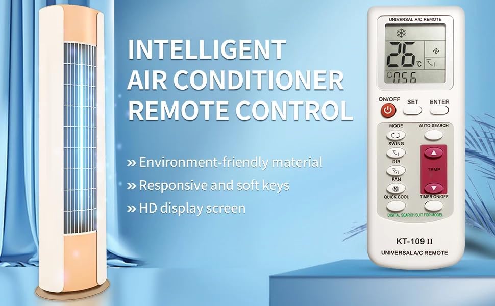Universal Air Conditioner Remote Control Replacement for KT109II - LCD Display, Compatible with Most AC Units, Energy Saving, Easy Setup