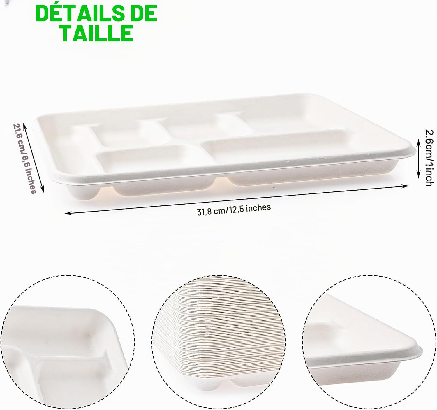 MALLOOM 100 Assiettes Jetables à 6 Compartiments, 30 cm Assiettes Compostables en Fibre de Canne à Sucre, Plateau Repas Résistant pour Cantine Scolaire, Fête, Buffet, Dîner (Passe au Micro-ondes)