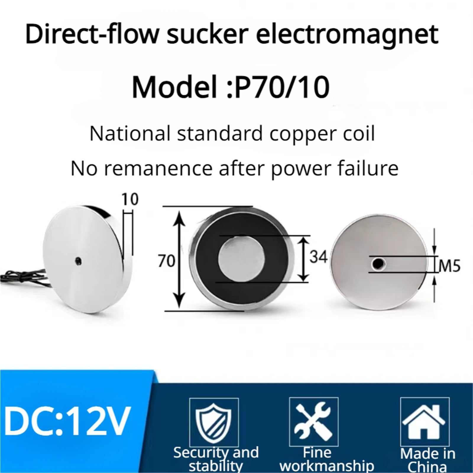 RKVKHFJ P70/10/ DC 12V 24V Cylinder Electric Magnets 20KG Strong Electromagnetic Solenoid Sucker Non-Standard Custom(DC 12V)