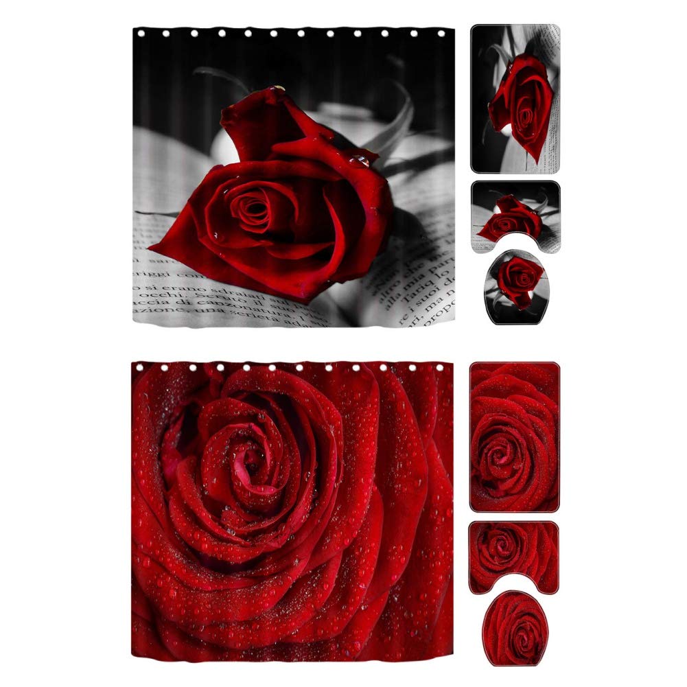 Valentinstag Duschvorhang Set 4-teilig - Rote Rosen Mit Badematte & Haken