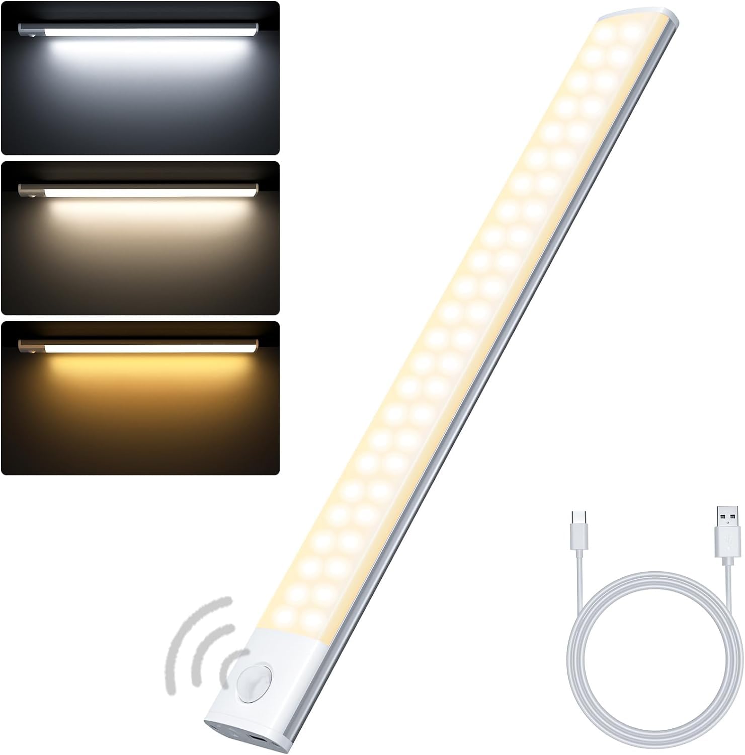 PUMPKINS 30CM Under Cabinet Kitchen Lights,60LED Motion Sensor Under Cupboard Kitchen Lights, 2500mAh Wireless Wardrobe Lights USB Rechargeable Battery Operated, Magnetic Closet Light for Hallway [Energy Class A]