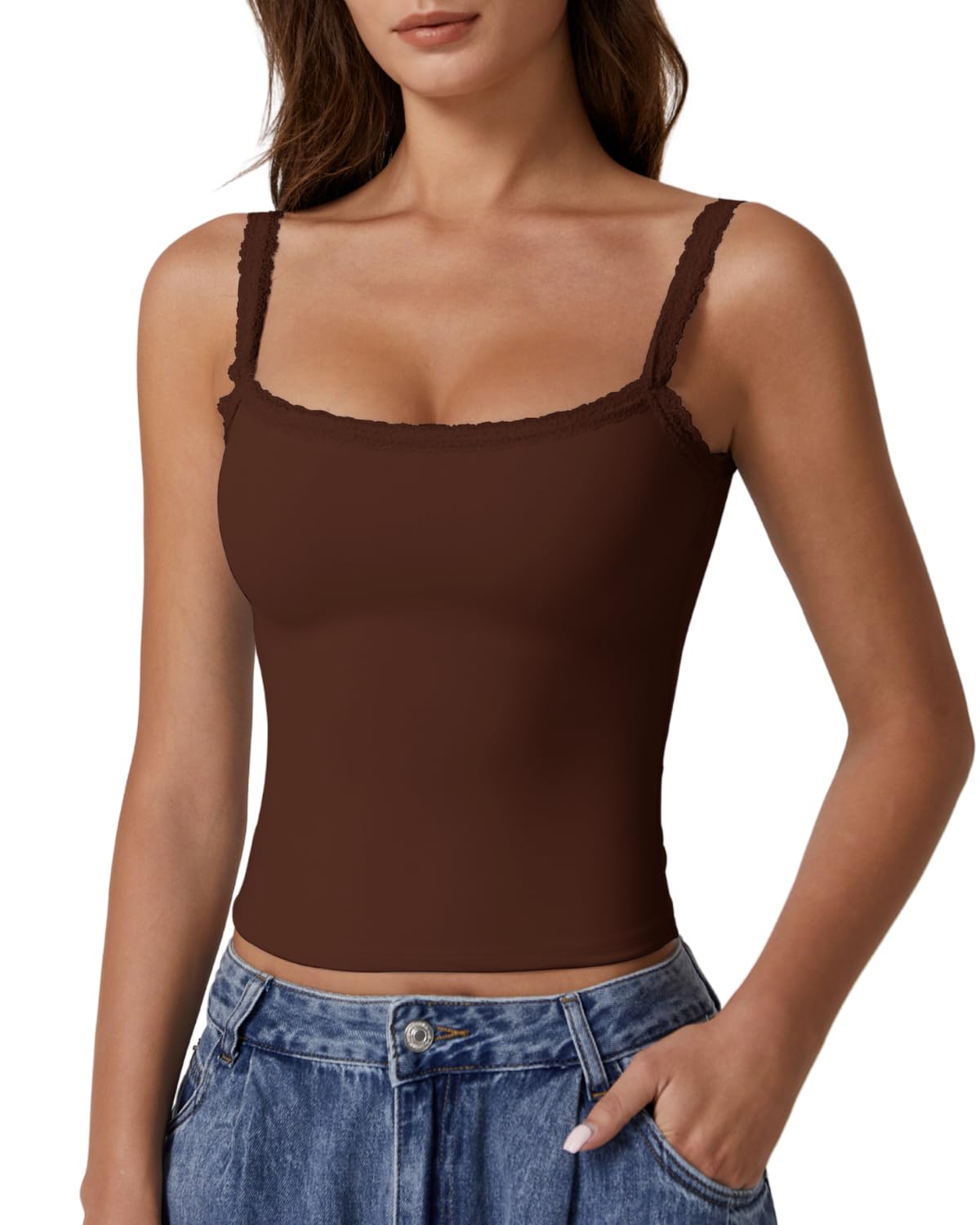 QINSEN Womens Square Neck Lace Trim Tank Top Double Lined Slim Fitted Y2k Going Out Camisole Shirts