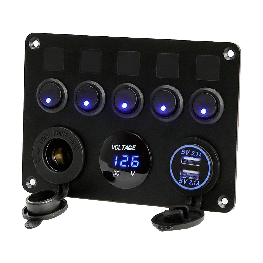 ETOPARS Pannello Interruttori a Bilanciere Impermeabile Interruttore a Levetta Blu Voltometro 4.2A Caricatore Doppio USB Accendisigari 12V 24V Auto
