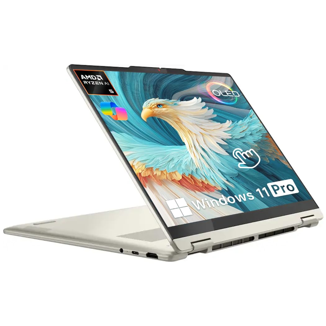 Yoga 7i 2 in 1 Laptop, 14" 2K OLED Touchscreen Display, AMD Ryzen AI 5 340(Up to 50 Tops), 16GB LPDDR5X RAM 512GB SSD, FP, WiFi 7, 22H Battery Life, SD Card Reader, Win 11 Pro