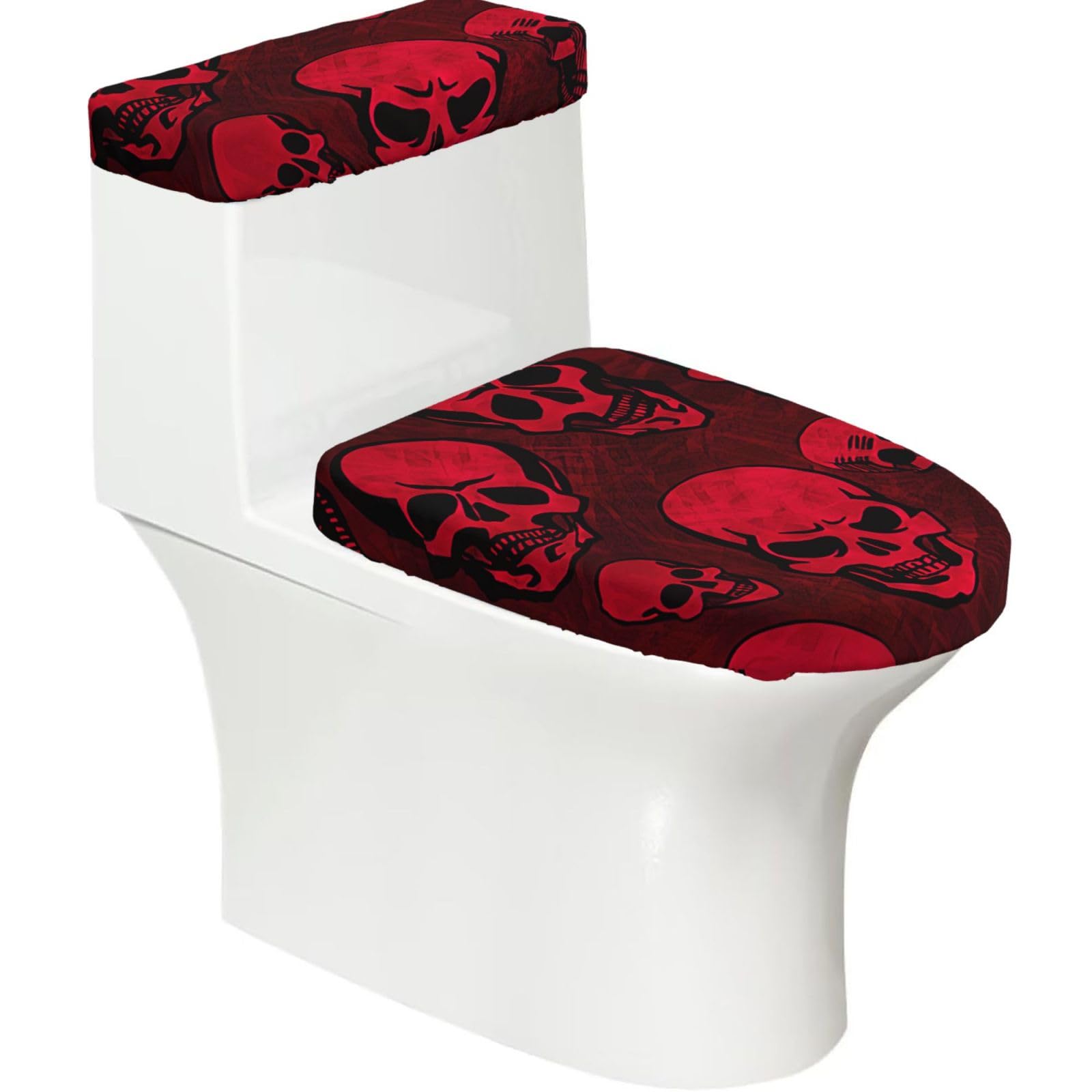 Red Skulls Print 2-Piece Stretch Toilet Cover Set, Elastic Breathable Toilet Seat and Tank Lid Protector