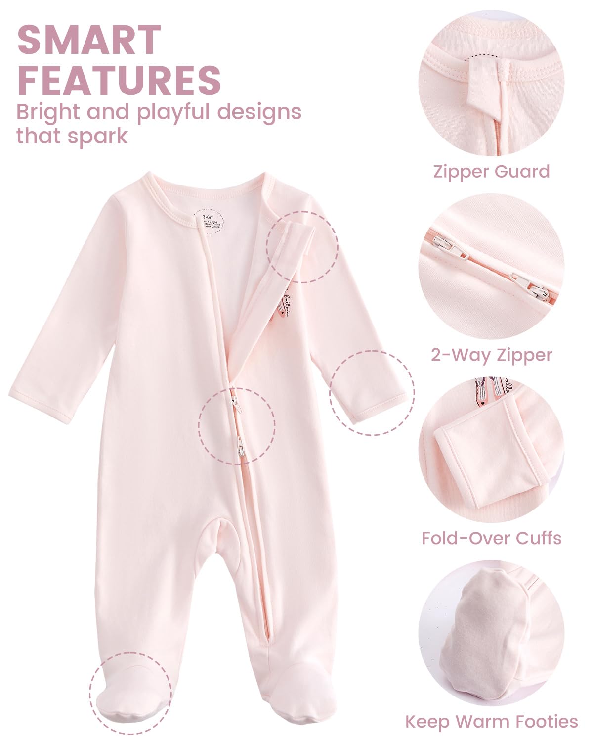 JiAmy Pyjama Bébé Fille Garçon, 3PCS Dors Bien Manches Longues Bébé, 100% Coton Combinaison avec Pieds Bébés, Nouveau-Né Vêtements 0-12 Mois