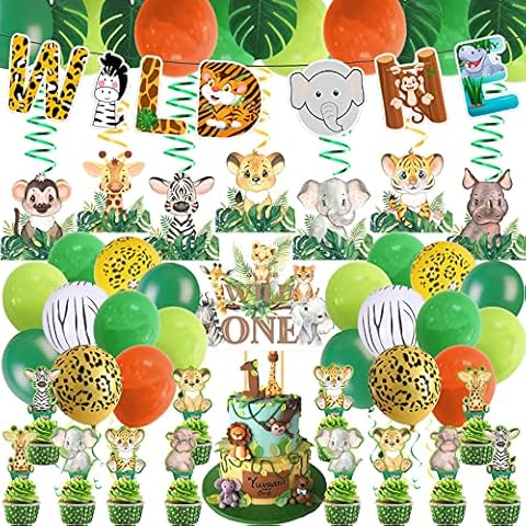 Wild One Birthday Decorations for Boys Girls, 58PCS Jungle Safari Theme Party Decorations Animal Striped Latex Balloons Hanging Swirls Cake Toppers Wild One Banner for Kids Jungle Theme Party Supplies Cover
