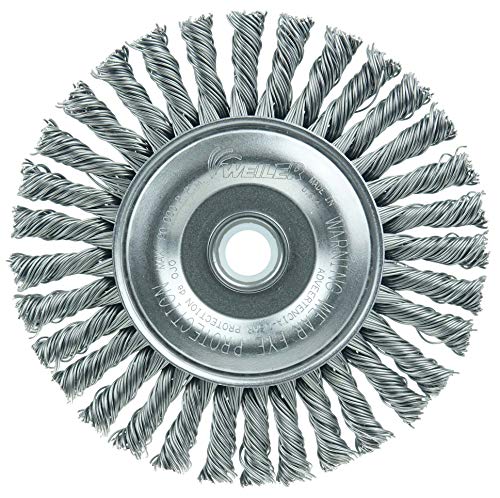 Image of Weiler 13124 Mini Roughneck 4 inch Stringer Bead Wire Wheel, .020 inch Steel Fill, 1 /2 inch-3 /8 inch Arbor Hole, Made in the USA