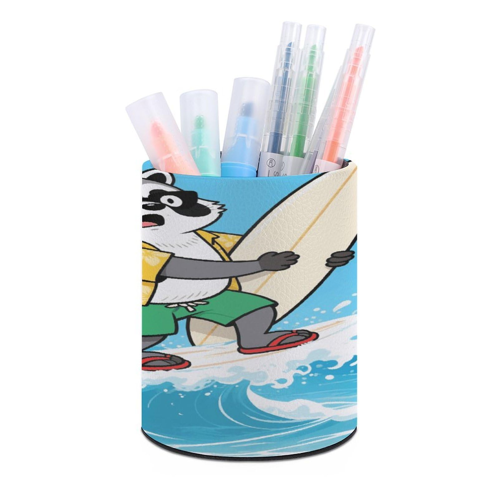 VstaDank Funny Raccoon Pen Holder Round Pencil Holder Cup Pen Container PU Leather Desk Organizer Stand Decorative Brush Scissor Holder Decoration Office Desk Home (3.1 x 3.9 inch)