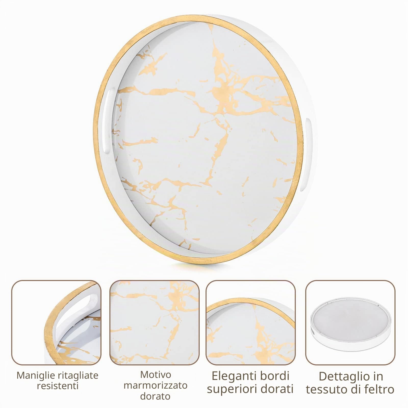 Hanobe Vassoio rotondo decorativo da caffè: vassoio circolare con manici, motivo marmo, vassoio per tavolino da caffè, per soggiorno, bar, bevande, feste, casa, cucina, bianco | Bordo dorato e ampio bordo rialzato, vassoio da 30 cm per esporre candele, pi