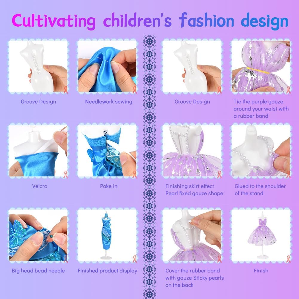 Aomig Modedesign Mädchen, Fashion Designer Studio Bastelset Kinder, DIY Kunst und Bastelset Nähsets Lernspielzeug mit 4 Mannequins, 600PC+ DIY Sewing Crafts Geschenke Mädchen 6-12+ Jahre