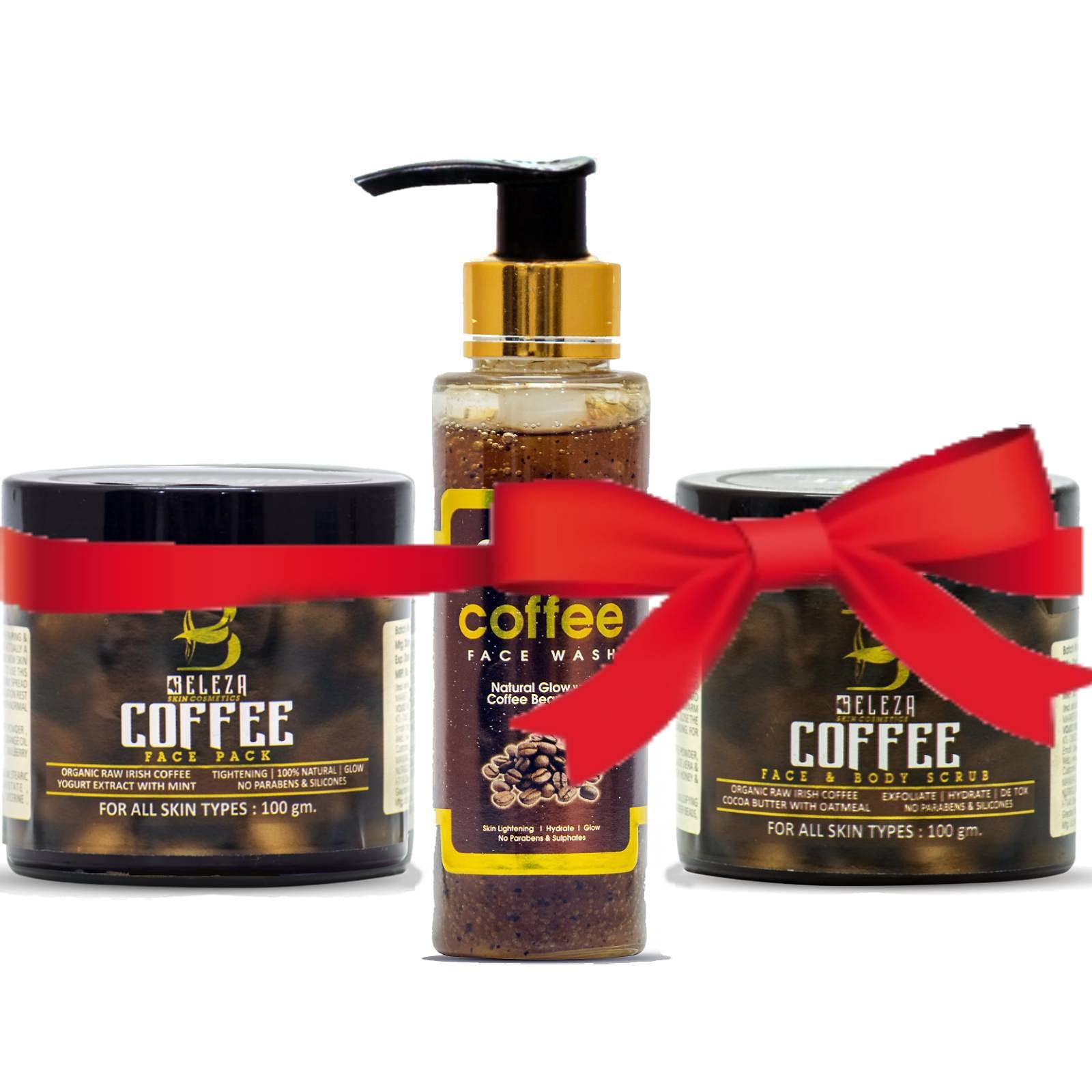 BELEZA PROFESSIONAL Coffee Face Care Kit (Face Wash + Face Pack + Face & Body Scrub) For Men & Women Skin Brightening/Exphoilating 300g
