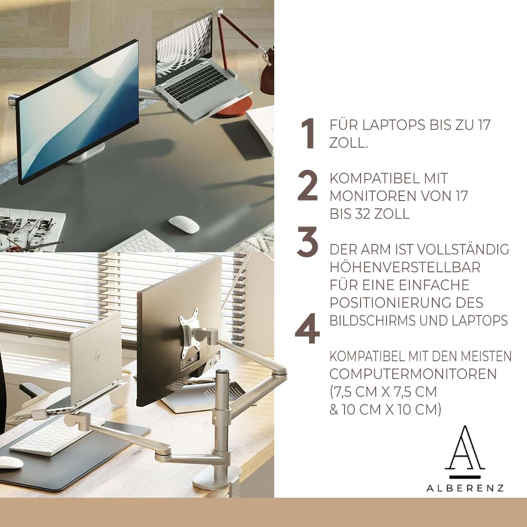 AVLT - Supporto A Palo Lungo Per Laptop E Monitor Da 15,6" E Monitor Da 32" Su 2 Bracci