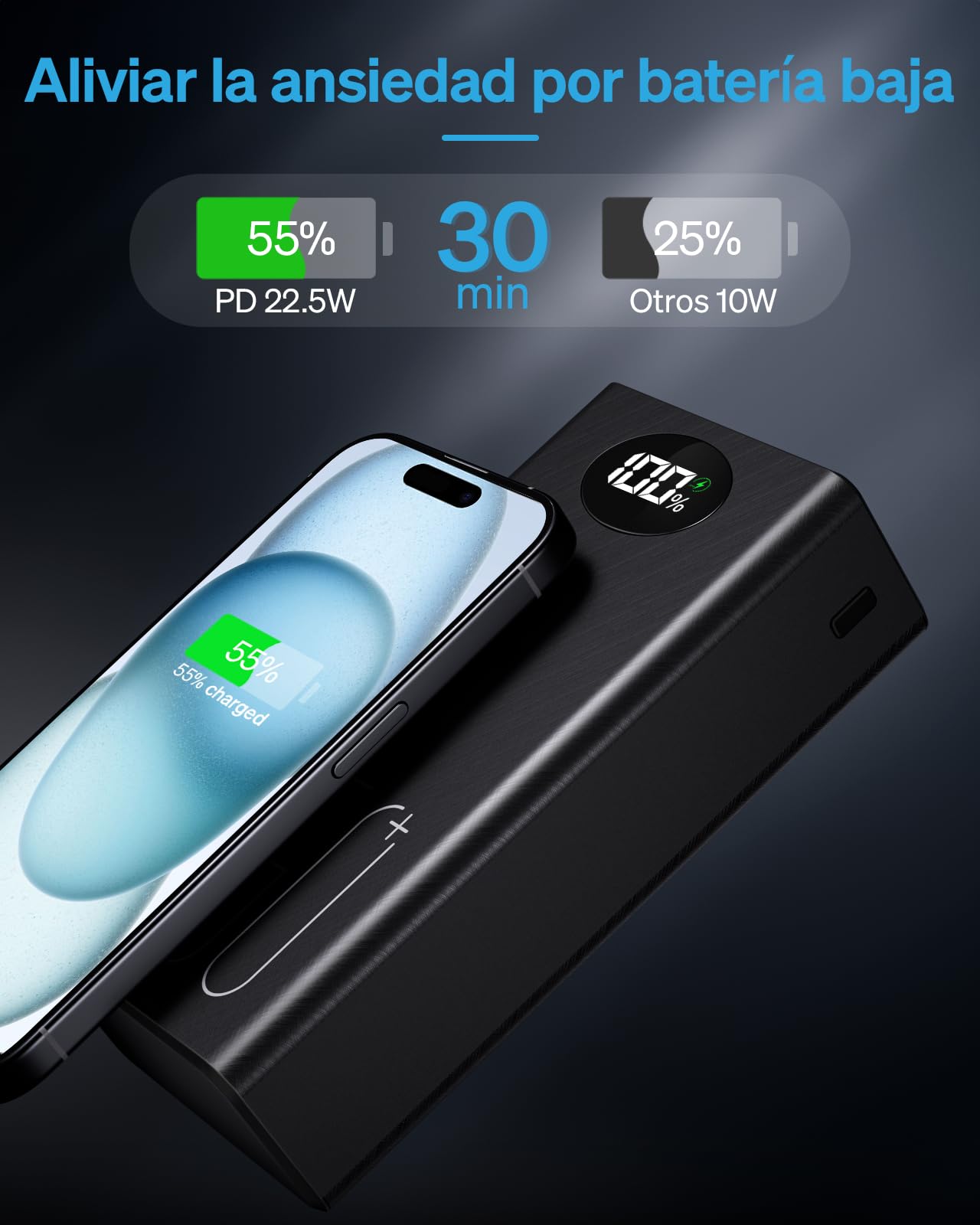 Power Bank 50000mAh Cargador Portátil: Batería Externa de Carga Rápida de 22,5 W - Powerbank con 5 Salidas y 2 Entradas y Linterna-Power Bank MP3 Avec Cargador