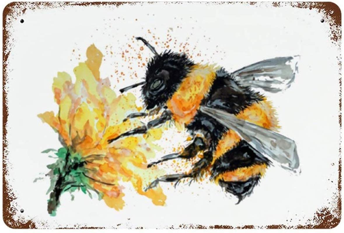Bumble Bee Collecting Pollen Metal Wall Sign Tin Warning Hanging Signs for Kitchen Home Office Bar Cafe Decor 8x12 Inch