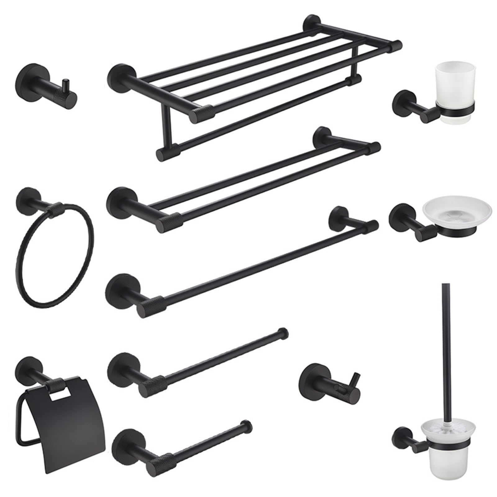 Barre porte-serviettes moletée et crochet noir mat de bain
