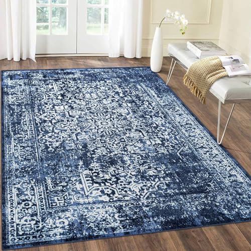 vivorug 6x9 Area Rugs, Stain Resistant Washable Rug for Living Room, Vintage-Inspired (Navy Blue, 6'x9')