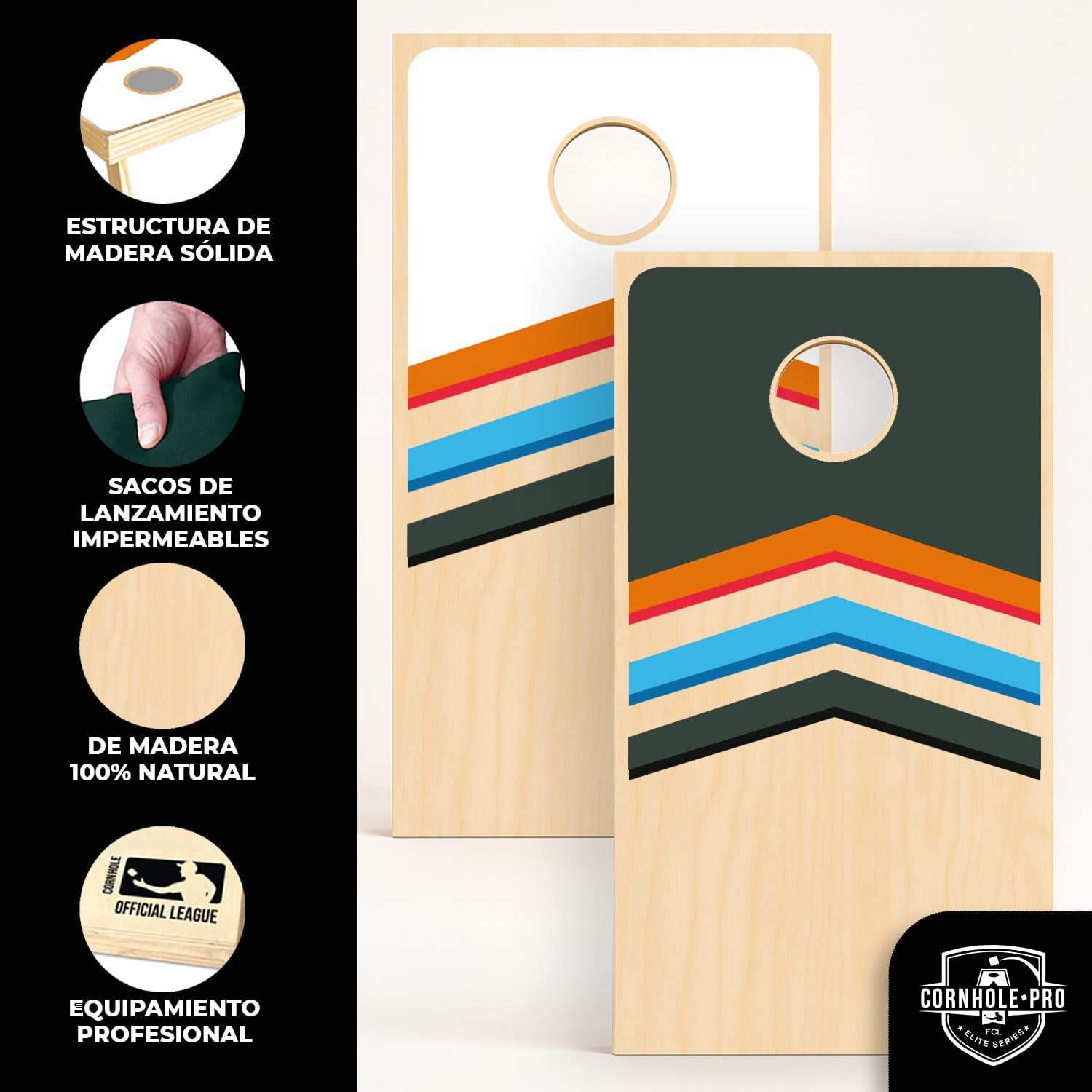 Cornhole Oficial de Madera – 90×60 cm – 2 Tableros + 8 Sacos – Set Completo con Bolsa de Transporte – Juego Exterior para Adultos – Jardín, Playa – Original Corner