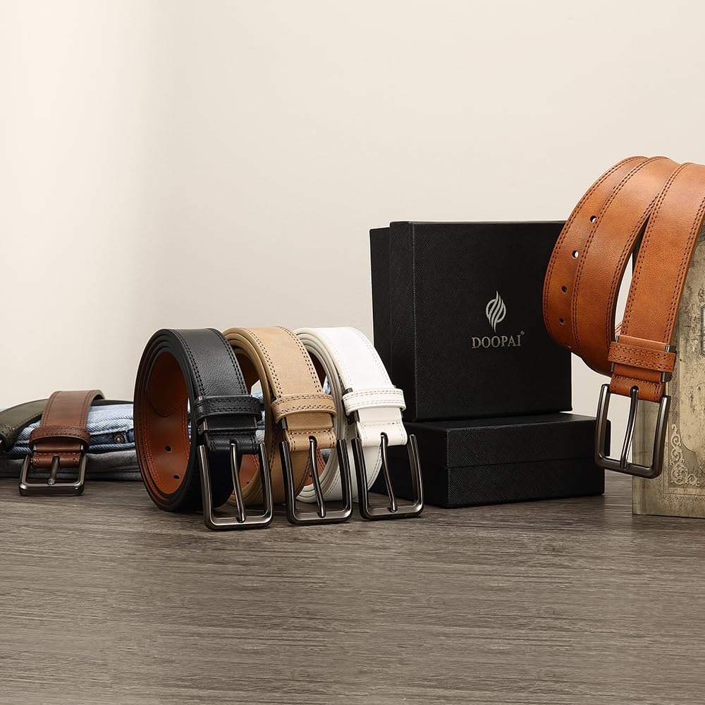 DOOPAI Ceinture en cuir de vache véritable pour homme - 3,5 cm - Pour le travail, le golf et les loisirs