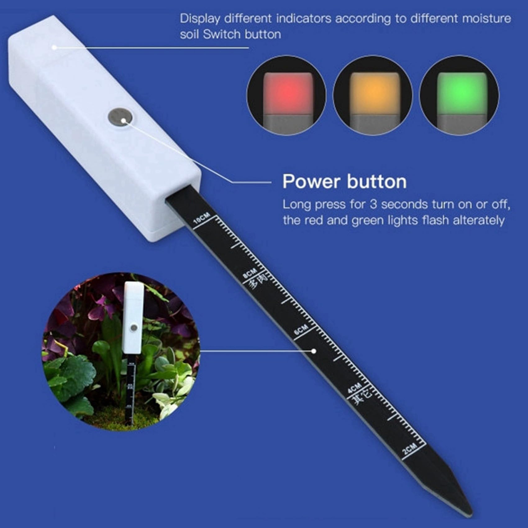 10X Humidimètre de Sol Compteur D'Eau pour Plantes pour Intérieur et Extérieur Sonde Intelligente avec 3 Voyants de Couleur pour Jardin, Pelouse