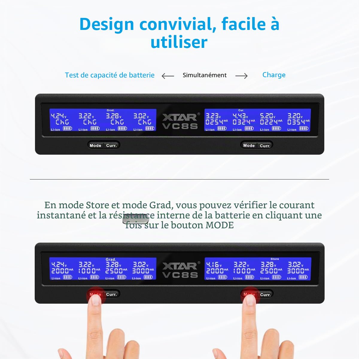 XTAR VC8S 18650 Chargeur de batterie universel, USB C, chargeur rapide avec écran LCD, test de capacité et 8 emplacements de charge pour batteries rechargeables 1,2 V AA 21700 26650, chargeur de