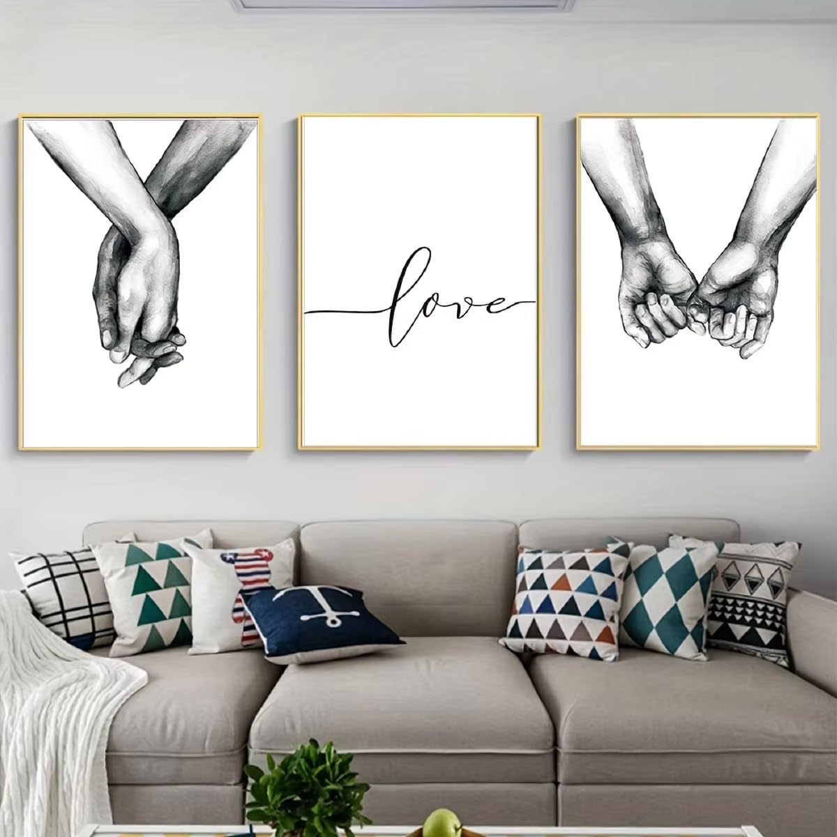 IHHGNB Black White Minimalist Couple Holding Hands Frameless Canvas Love Text Line Art Heart Poster Home Decor for Living Room(50x70cm(20x28in) x3/No frame)
