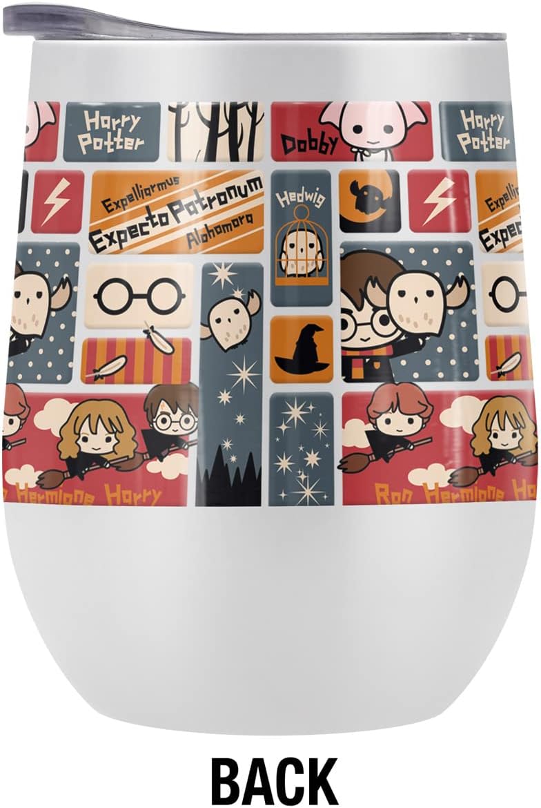 Harry Potter OFFICIAL Cute Chibi Pattern 12 oz Stemless Tumbler, Stainless Steel Travel Cup|Lake Tumbler|Insulated with Leak Resistant Slide-Lock Lid, White